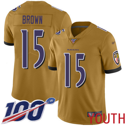 Baltimore Ravens Limited Gold Youth Marquise Brown Jersey NFL Football 15 100th Season Inverted Legend